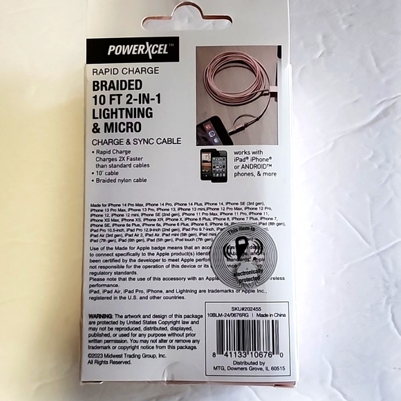 NIB POWERXCEL PINK RAPID GJARGE 10 FT CABLE FOR IPHONE/IPAD/IPOD - Picture 4 of 6